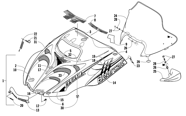 Parts Diagram for Arctic Cat 2006 BEARCAT WIDE TRACK SNOWMOBILE HOOD AND WINDSHIELD ASSEMBLY