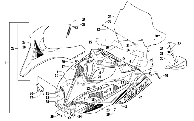 Parts Diagram for Arctic Cat 2006 BEARCAT WIDE TRACK TURBO SNOWMOBILE HOOD AND WINDSHIELD ASSEMBLY