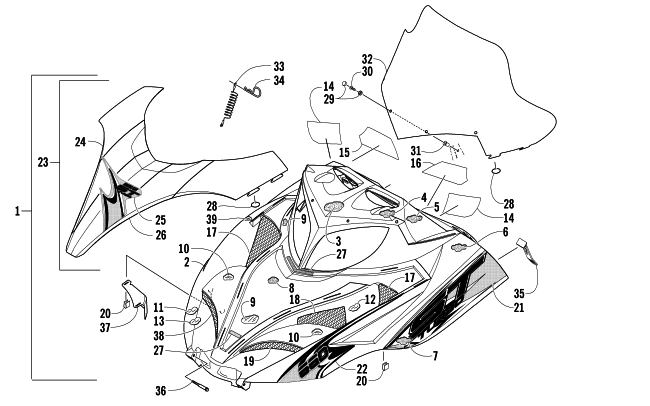 Parts Diagram for Arctic Cat 2006 T660 TURBO ST SNOWMOBILE HOOD AND WINDSHIELD ASSEMBLY