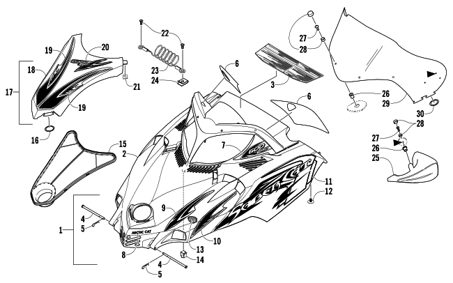 Parts Diagram for Arctic Cat 2006 SABERCAT 600 EFI LX SNOWMOBILE HOOD AND WINDSHIELD ASSEMBLY