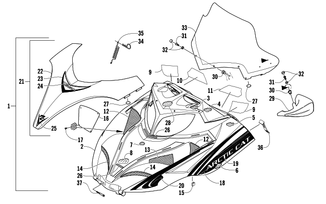 Parts Diagram for Arctic Cat 2006 T660 TOURING SNOWMOBILE HOOD AND WINDSHIELD ASSEMBLY