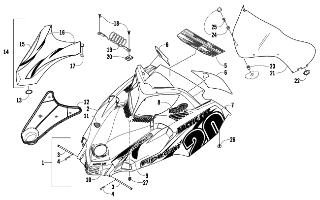 Parts Diagram for Arctic Cat 2006 FIRECAT 700 EFI LIMITED EDITION SNOWMOBILE HOOD AND WINDSHIELD ASSEMBLY