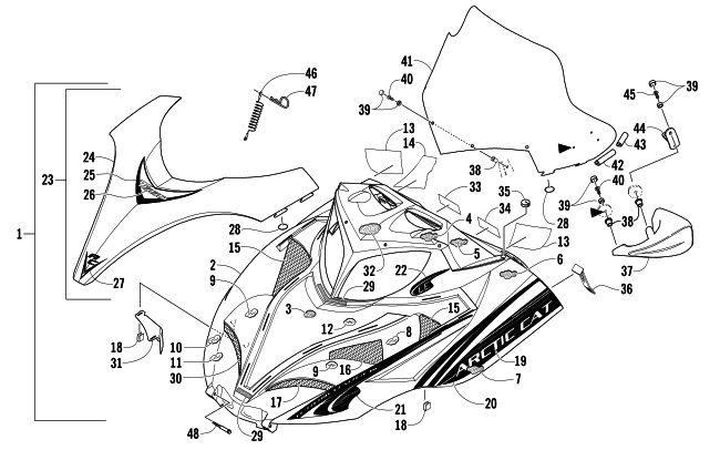 Parts Diagram for Arctic Cat 2006 T660 TURBO TRAIL LE SNOWMOBILE HOOD AND WINDSHIELD ASSEMBLY