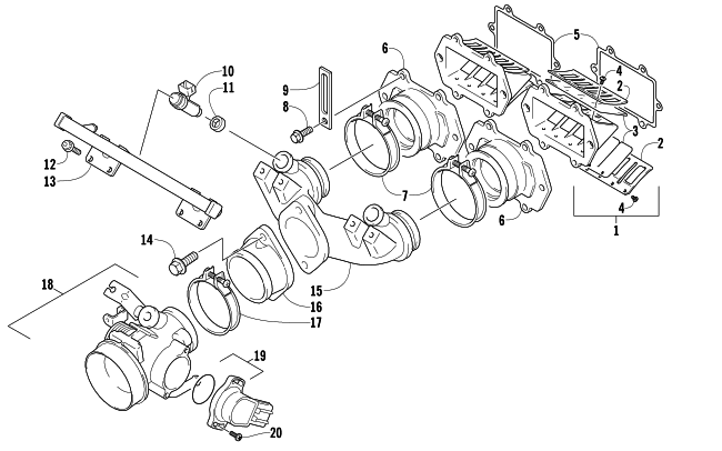 Parts Diagram for Arctic Cat 2006 SABERCAT 500 EFI SNOWMOBILE REED VALVE/THROTTLE BODY ASSEMBLY