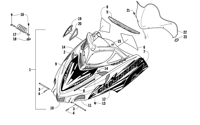 Parts Diagram for Arctic Cat 2006 CROSSFIRE 600 EFI SNO PRO SNOWMOBILE HOOD AND WINDSHIELD ASSEMBLY