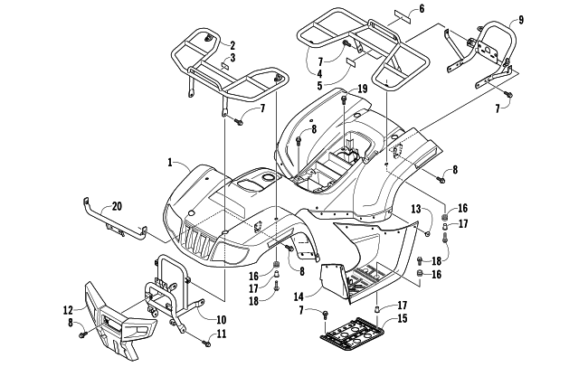 Parts Diagram for Arctic Cat 2006 50 UTILITY ATV BODY PANEL AND RACK ASSEMBLY