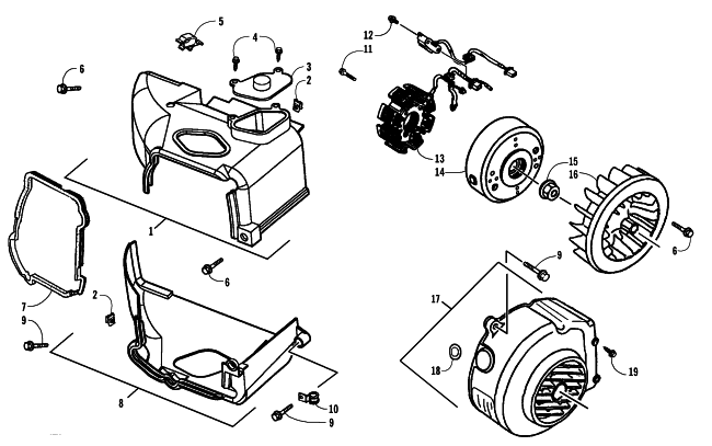 Parts Diagram for Arctic Cat 2008 50 DVX ATV STATOR, FLYWHEEL, AND ENGINE SHROUD ASSEMBLIES
