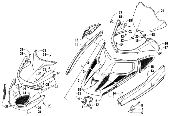 Parts Diagram for Arctic Cat 2007 JAGUAR Z1 EARLY BUILD SNOWMOBILE HOOD, WINDSHIELD, AND FRONT BUMPER ASSEMBLY