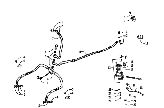 Parts Diagram for Arctic Cat 2008 250 DVX ATV HYDRAULIC BRAKE HOSE AND HAND BRAKE ASSEMBLY