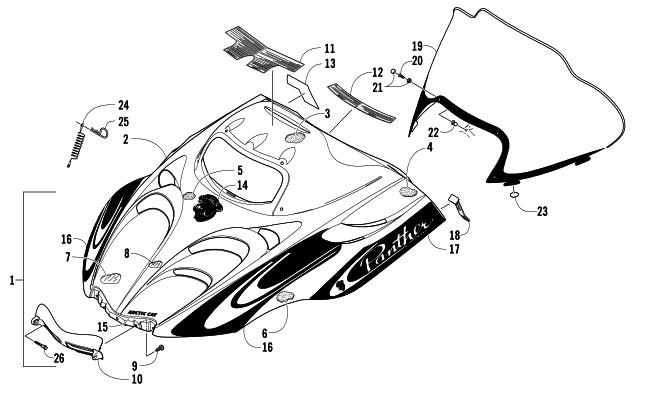 Parts Diagram for Arctic Cat 2007 PANTHER 660 TOURING SNOWMOBILE HOOD AND WINDSHIELD ASSEMBLY