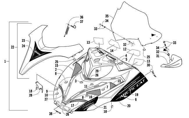 Parts Diagram for Arctic Cat 2007 T660 TURBO TRAIL LE SNOWMOBILE HOOD AND WINDSHIELD ASSEMBLY