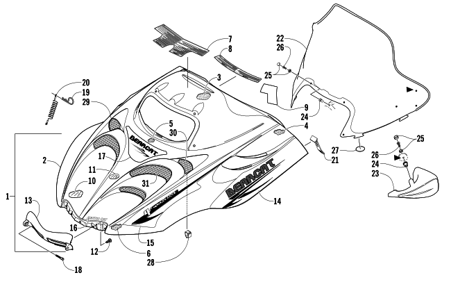 Parts Diagram for Arctic Cat 2007 BEARCAT WIDE TRACK SNOWMOBILE HOOD AND WINDSHIELD ASSEMBLY