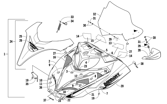 Parts Diagram for Arctic Cat 2007 BEARCAT WIDE TRACK TURBO SNOWMOBILE HOOD AND WINDSHIELD ASSEMBLY