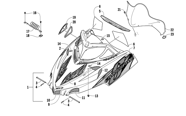 Parts Diagram for Arctic Cat 2007 CROSSFIRE 600 EFI SNOWMOBILE HOOD AND WINDSHIELD ASSEMBLY