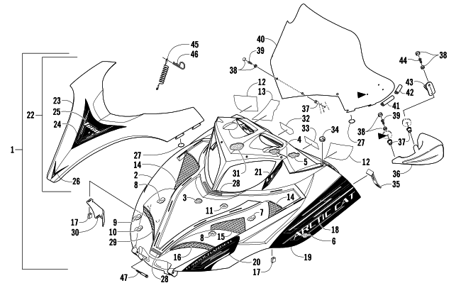 Parts Diagram for Arctic Cat 2007 T660 TURBO TOURING LE SNOWMOBILE HOOD AND WINDSHIELD ASSEMBLY