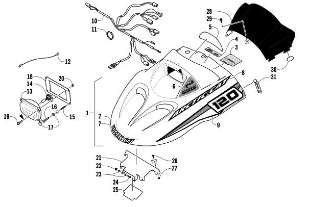 Parts Diagram for Arctic Cat 2007 AC 120 SNOWMOBILE HOOD, HEADLIGHT, AND WINDSHIELD ASSEMBLY