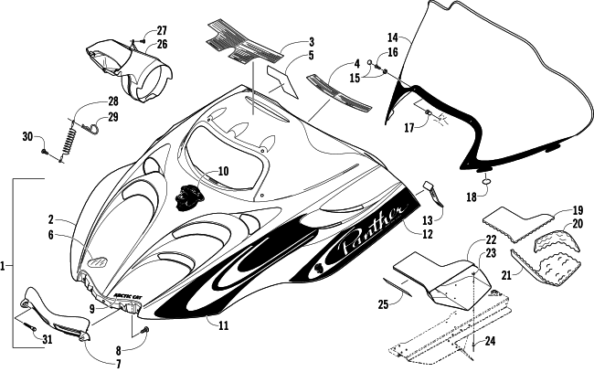 Parts Diagram for Arctic Cat 2007 PANTHER 370 SNOWMOBILE HOOD AND WINDSHIELD ASSEMBLY