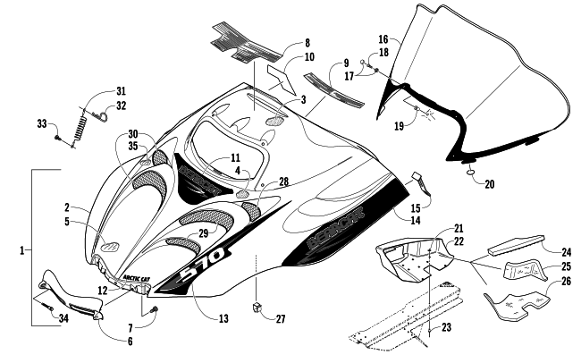 Parts Diagram for Arctic Cat 2007 BEARCAT 570 LONG TRACK SNOWMOBILE HOOD AND WINDSHIELD ASSEMBLY