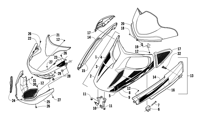 Parts Diagram for Arctic Cat 2007 F8 EFI SNOWMOBILE HOOD, WINDSHIELD, AND FRONT BUMPER ASSEMBLY