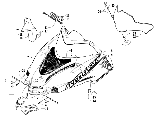 Parts Diagram for Arctic Cat 2007 AC 600 MODIFIED SNO PRO SNOWMOBILE HOOD AND WINDSHIELD ASSEMBLY