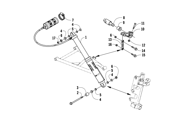 Parts Diagram for Arctic Cat 2007 AC 600 MODIFIED SNO PRO SNOWMOBILE SHOCK ABSORBER AND SWAY BAR ASSEMBLY