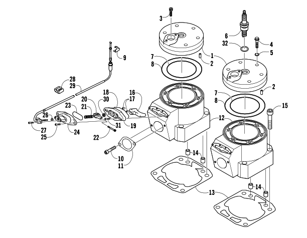 Parts Diagram for Arctic Cat 2007 AC 600 MODIFIED SNO PRO SNOWMOBILE CYLINDER AND HEAD ASSEMBLY