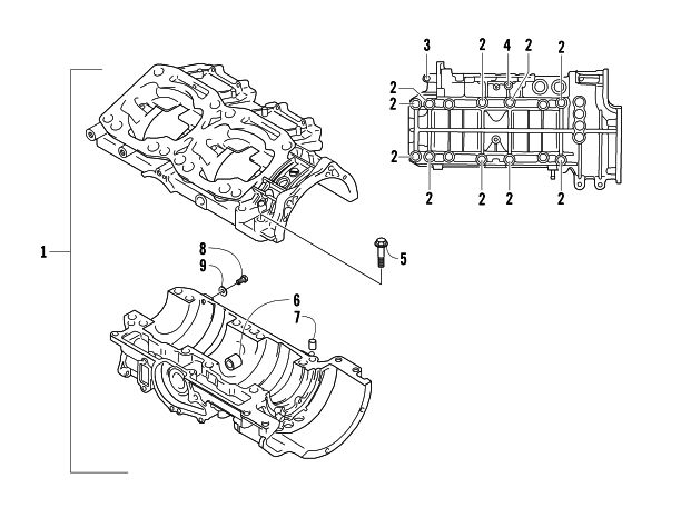 Parts Diagram for Arctic Cat 2007 AC 600 MODIFIED SNO PRO SNOWMOBILE CRANKCASE ASSEMBLY