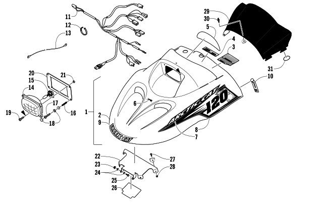 Parts Diagram for Arctic Cat 2008 AC 120 SNOWMOBILE HOOD, HEADLIGHT, AND WINDSHIELD ASSEMBLY