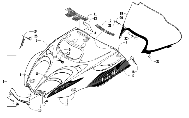 Parts Diagram for Arctic Cat 2008 PANTHER 660 TOURING SNOWMOBILE HOOD AND WINDSHIELD ASSEMBLY