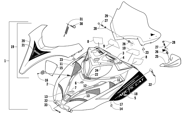 Parts Diagram for Arctic Cat 2007 T660 TOURING SNOWMOBILE HOOD AND WINDSHIELD ASSEMBLY