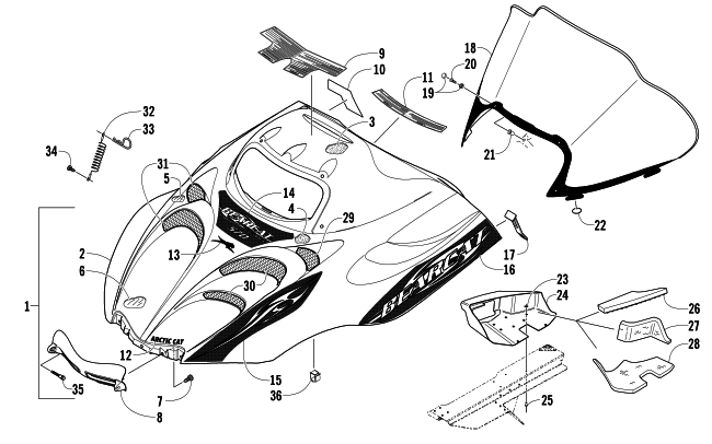 Parts Diagram for Arctic Cat 2008 BEARCAT 570 LONG TRACK SNOWMOBILE HOOD AND WINDSHIELD ASSEMBLY