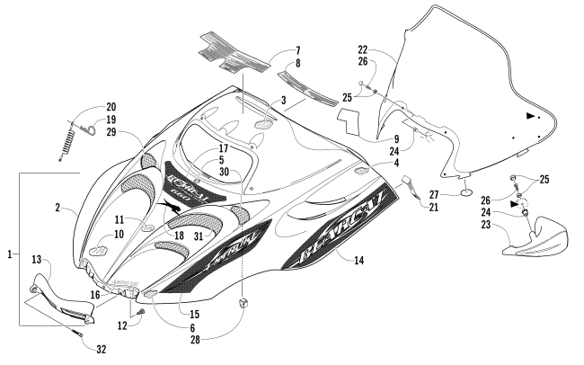 Parts Diagram for Arctic Cat 2008 BEARCAT WIDE TRACK SNOWMOBILE HOOD AND WINDSHIELD ASSEMBLY