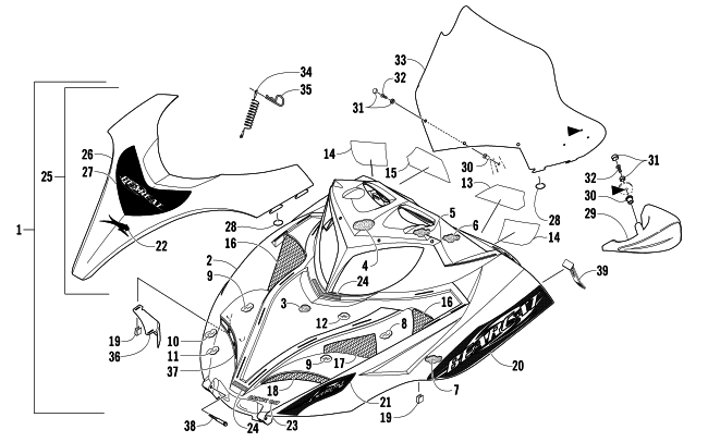 Parts Diagram for Arctic Cat 2008 BEARCAT WIDE TRACK TURBO SNOWMOBILE HOOD AND WINDSHIELD ASSEMBLY