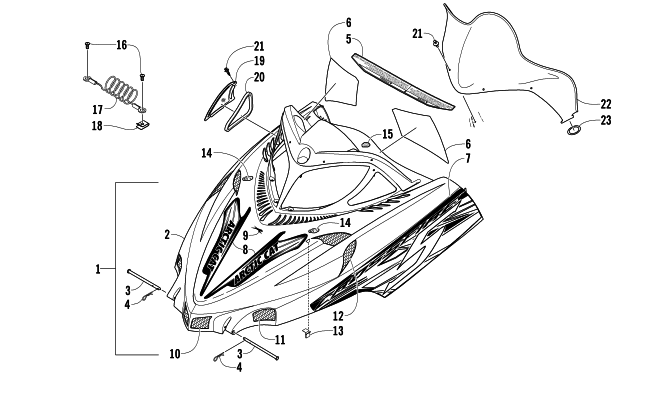 Parts Diagram for Arctic Cat 2008 CROSSFIRE 500 EFI SNOWMOBILE HOOD AND WINDSHIELD ASSEMBLY