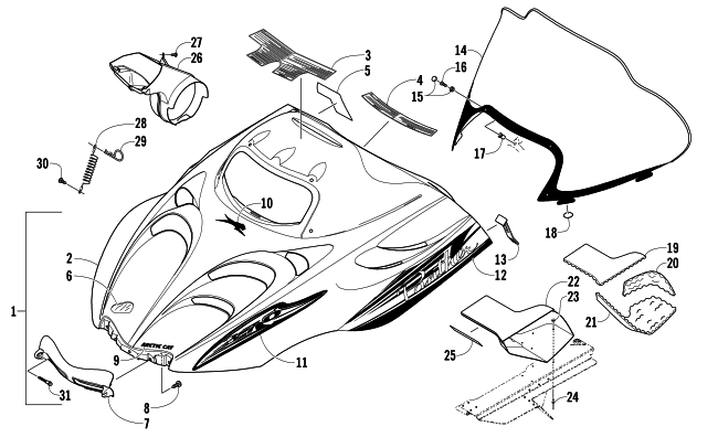 Parts Diagram for Arctic Cat 2008 PANTHER 370 SNOWMOBILE HOOD AND WINDSHIELD ASSEMBLY