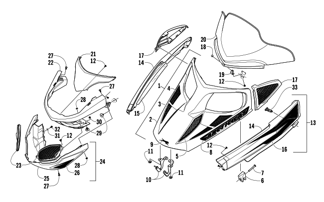 Parts Diagram for Arctic Cat 2008 F8 EFI LXR SNOWMOBILE HOOD, WINDSHIELD, AND FRONT BUMPER ASSEMBLY