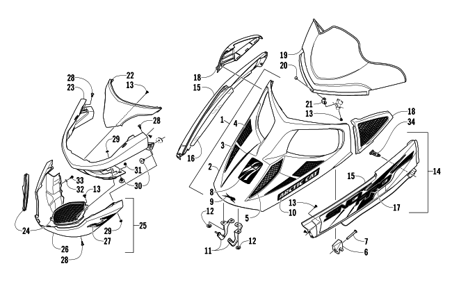 Parts Diagram for Arctic Cat 2008 F1000 EFI SNO PRO SNOWMOBILE HOOD, WINDSHIELD, AND FRONT BUMPER ASSEMBLY