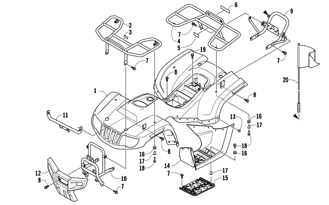 Parts Diagram for Arctic Cat 2008 90 UTILITY CALIFORNIA ATV BODY PANEL AND RACK ASSEMBLY