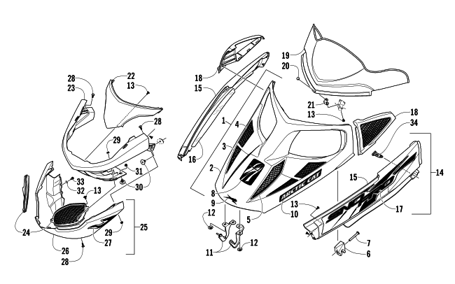 Parts Diagram for Arctic Cat 2008 F1000 EFI SNO PRO LXR SNOWMOBILE HOOD, WINDSHIELD, AND FRONT BUMPER ASSEMBLY