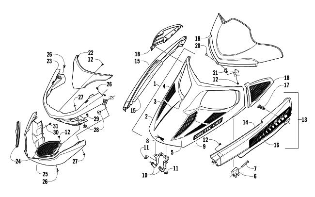 Parts Diagram for Arctic Cat 2008 JAGUAR Z1 1100 EFI SNO PRO LIMITED EDITION SNOWMOBILE HOOD, WINDSHIELD, AND FRONT BUMPER ASSEMBLY