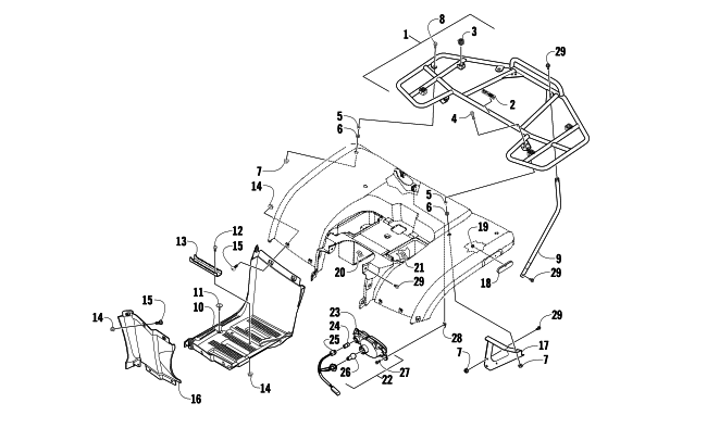 Parts Diagram for Arctic Cat 2008 366 AUTOMATICTRANSMISSION 4X4 FIS ATV REAR RACK, FOOTWELL, AND TAILLIGHT ASSEMBLY