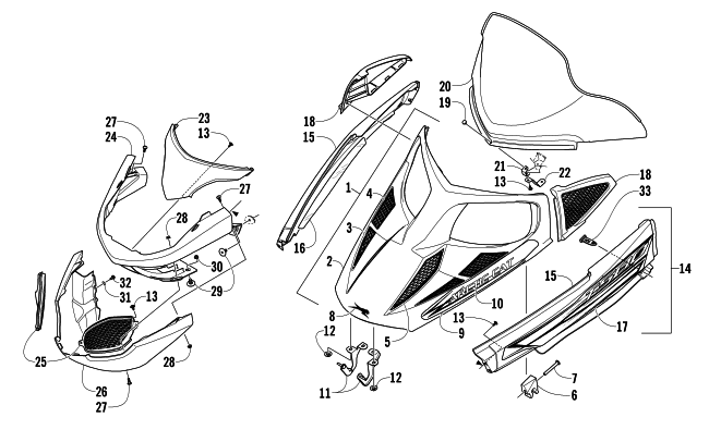 Parts Diagram for Arctic Cat 2008 T500 SNOWMOBILE HOOD, WINDSHIELD, AND FRONT BUMPER ASSEMBLY