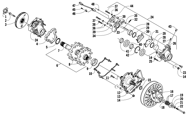 Parts Diagram for Arctic Cat 2008 T500 SNOWMOBILE DRIVE TRAIN SHAFT AND BRAKE ASSEMBLIES