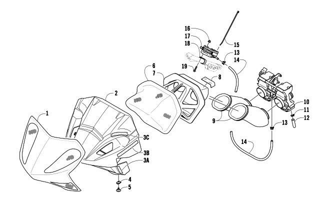Parts Diagram for Arctic Cat 2008 AC 600 SNO PRO SNOWMOBILE AIR SILENCER, CARBURETOR, AND FUEL PUMP ASSEMBLY