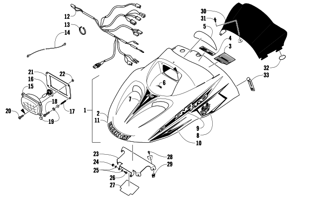 Parts Diagram for Arctic Cat 2009 120 SNO PRO SNOWMOBILE HOOD, HEADLIGHT, AND WINDSHIELD ASSEMBLY