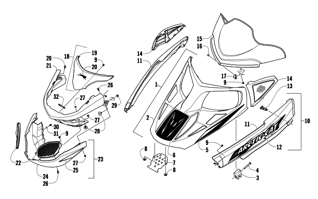 Parts Diagram for Arctic Cat 2009 F570 SNOWMOBILE HOOD, WINDSHIELD, AND FRONT BUMPER ASSEMBLY