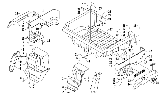 Parts Diagram for Arctic Cat 2009 PROWLER 650 XT AUTOMATIC 4X4 ATV REAR BODY PANEL AND CARGO BOX ASSEMBLY