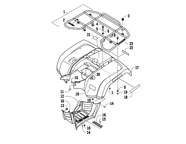 Parts Diagram for Arctic Cat 2009 500 4X4 AUTOMATIC ATV REAR RACK, BODY PANEL, AND FOOTWELL ASSEMBLIES