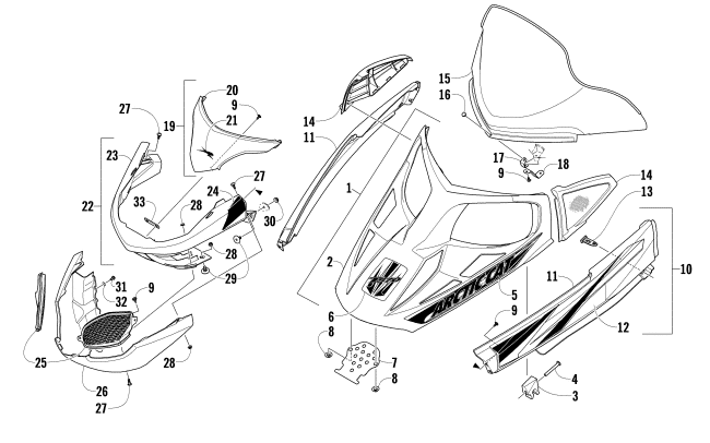 Parts Diagram for Arctic Cat 2009 T570 TOURING SNOWMOBILE HOOD, WINDSHIELD, AND FRONT BUMBER ASSEMBLY