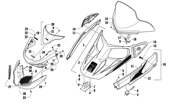 Parts Diagram for Arctic Cat 2009 BEARCAT 570 LONG TRACK SNOWMOBILE HOOD, WINDSHIELD, AND FRONT BUMBER ASSEMBLY